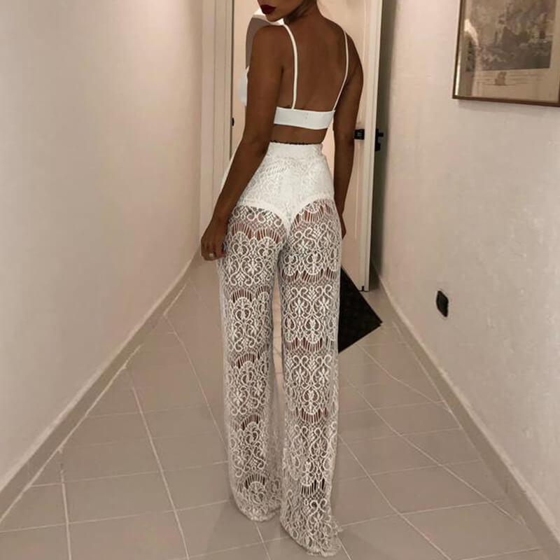 Sexy Wide Leg High Waist Lace Cutout Pants