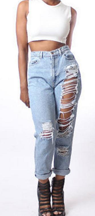 Holes Ripped Straight 9/10 High Waist Casual Jeans - Meet Yours Fashion - 2