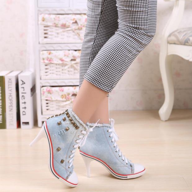 Rivets Denim Round Toe Lace Up Middle Heel Short Boot