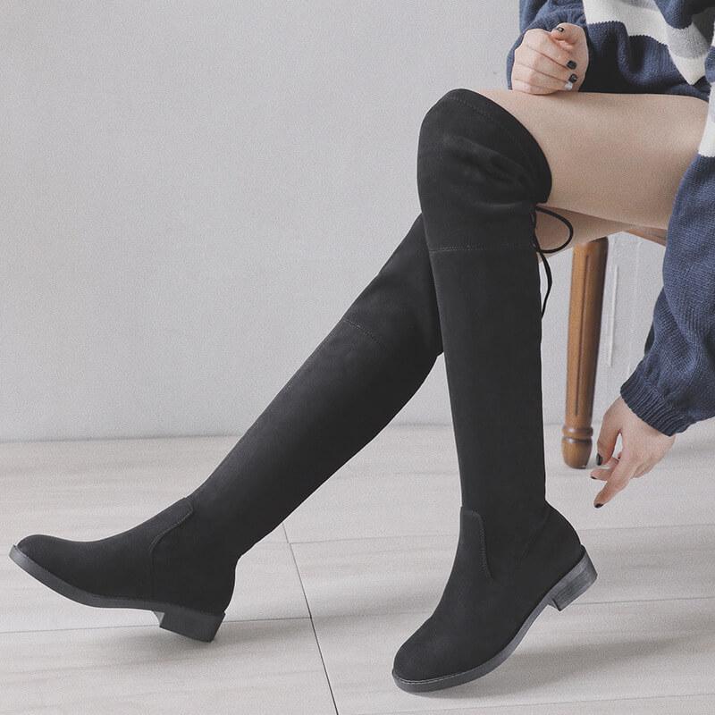 Black Suede Flat Over Knee Sock Boots