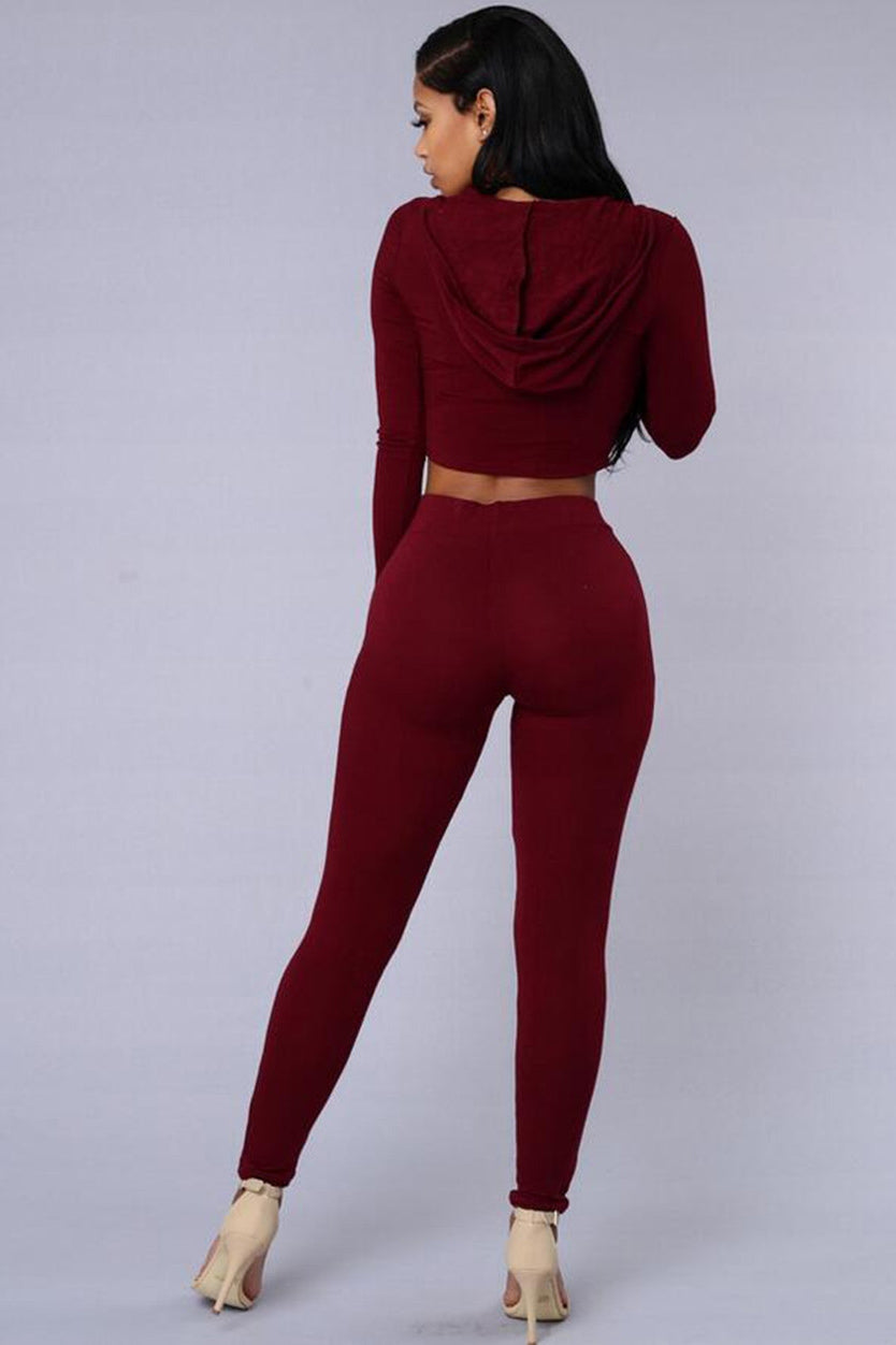Pure Color Hole Hat Crop Top with Skinny Pants Two Pieces Set