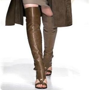 Peep Toe Leather Lace Up Over Knee Boots