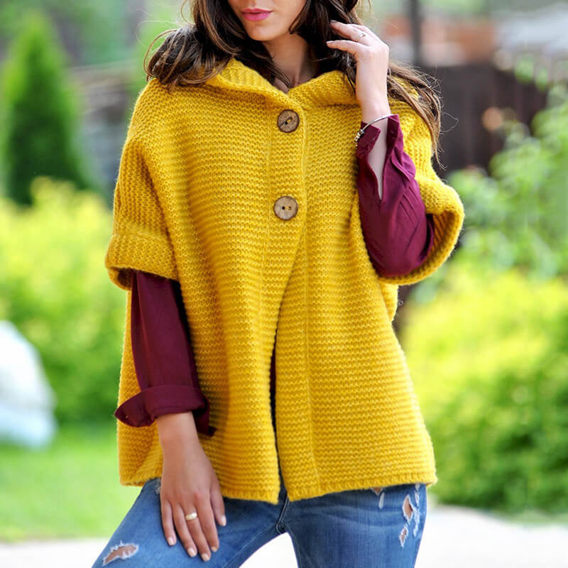 Button Up Half Sleeve Hooded Cardigan Sweater