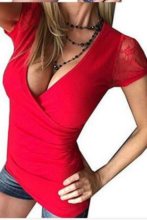 Deep V-neck Lace Short Sleeves Patchwork Slim T-shirt