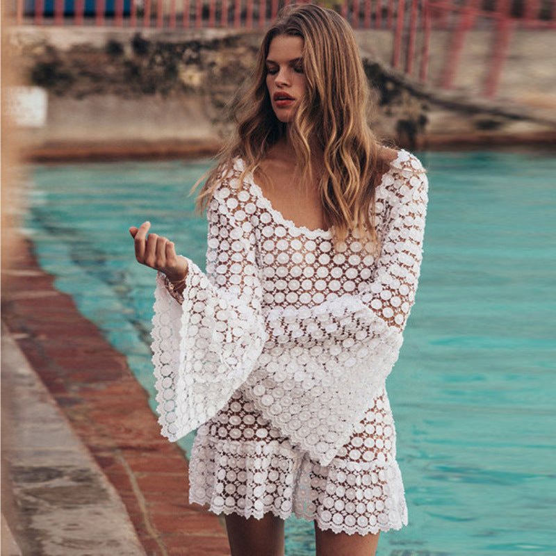 White Hollow Out Lace Short Dress