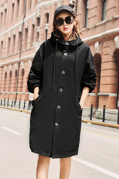 Drawstring Buttons Pockets Hooded Long Coat