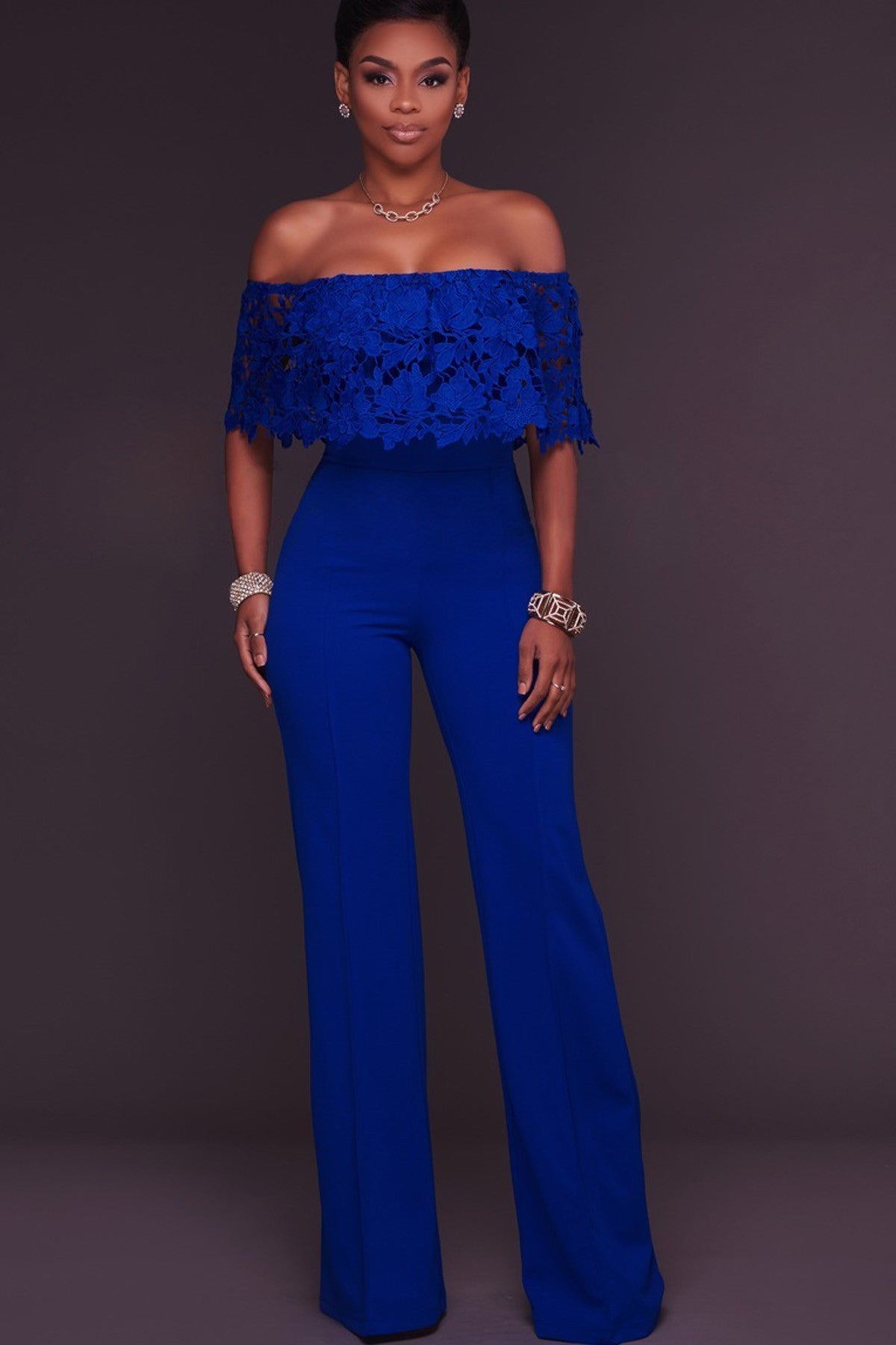 Off Shoulder Ruffles Sleeves Pure Color Long Jumpsuit