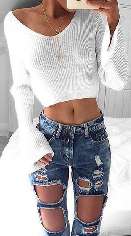Sexy White Long Sleeve Crop Top Sweater