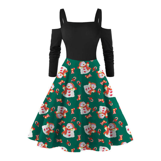 Christmas Retro Cold Shoulder Print Dress