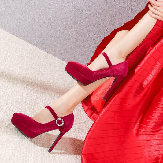 Wine Red Platform Suede Buckle High Heels