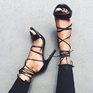 Summer Black Leather Strap High Heel Sandals