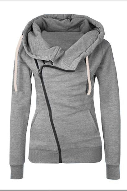 Fashion Long Sleeve Lapel Pocket Zipper Hooded Coat