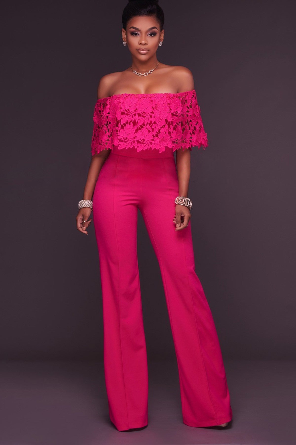 Off Shoulder Ruffles Sleeves Pure Color Long Jumpsuit