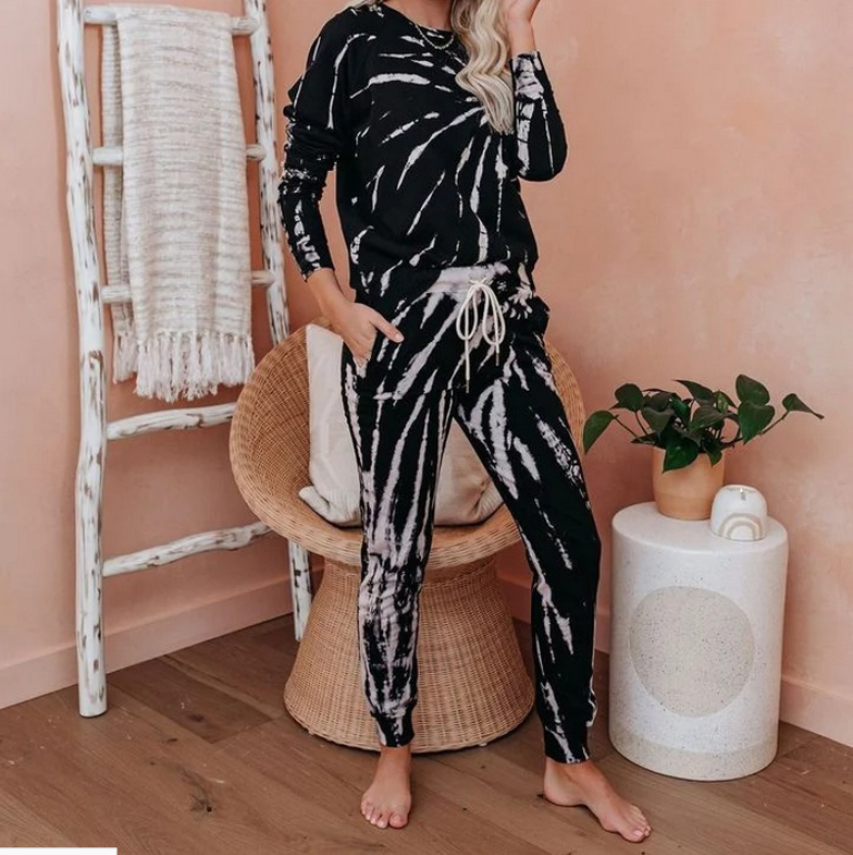 Casual Black Print Loose High Waist Long Sleeve Skinny Two Pieces Set