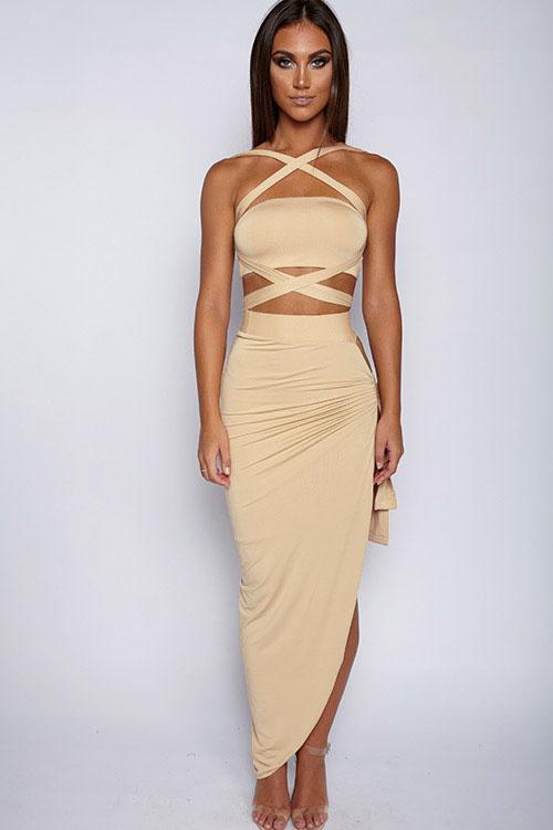 Strapless Bandage Crop Top with Long Split Skirt Two Pieces Dress Set