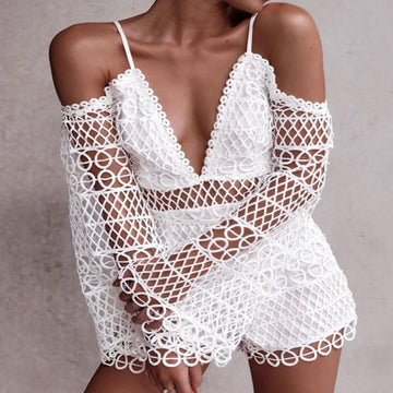 White Long Sleeves Lace Cutout Spaghetti Strap Rompers