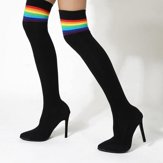 Black Point Toe High Heel Stretch Over Knee Sock Boots