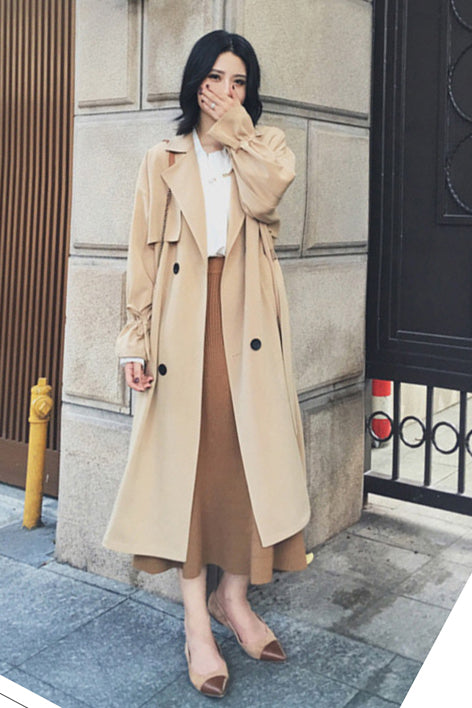 Solid Color Lapel Double Breasted Trumpet Sleeves Long Coat