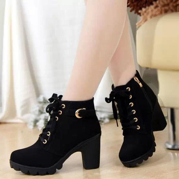 Low Chunky Heels Side Zipper Lace Up Short Boots