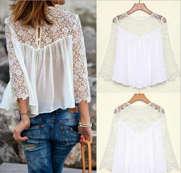 Lace Chiffon Patchwork Long Sleeves Loose Transparent Blouse - Meet Yours Fashion - 1
