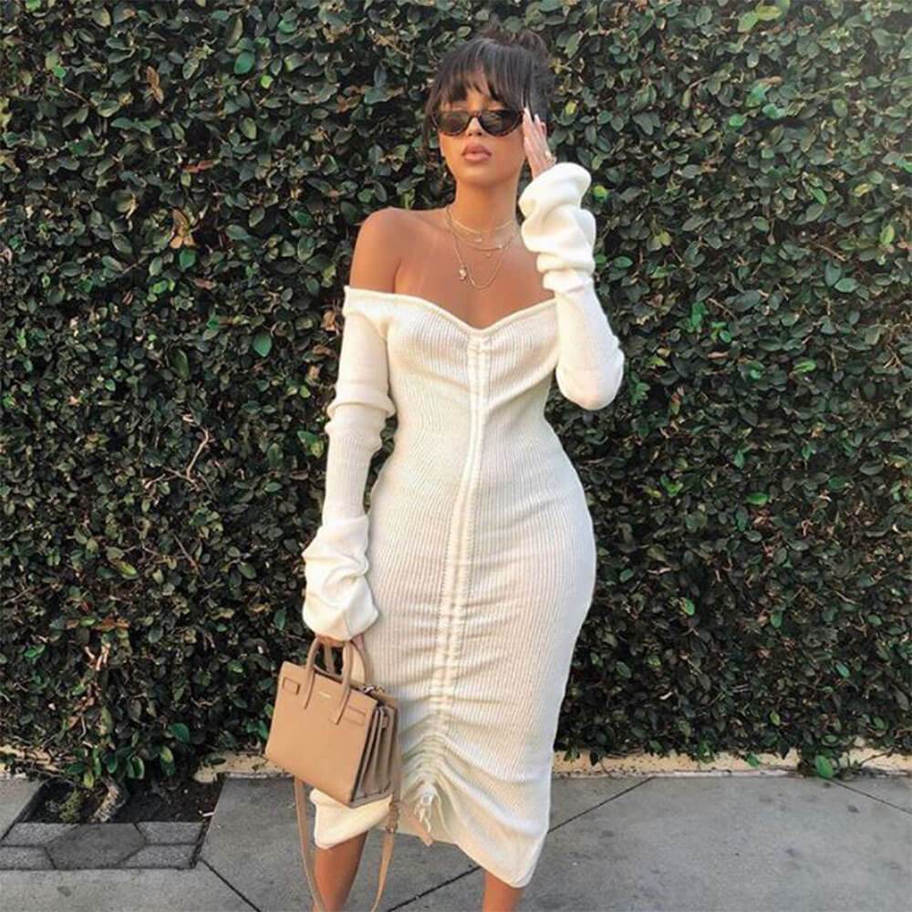 Long Sleeves Off Shoulder Ribbed Knit Bodycon Dress