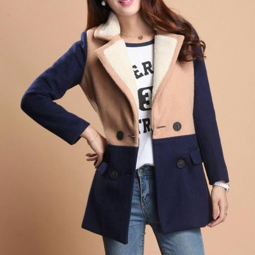 Lamb Wool Turn-down Collar Double Button Patchwork Mid-length Coat