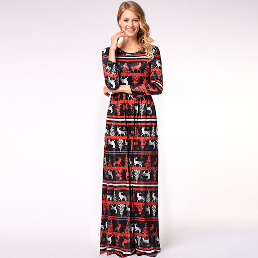 Christmas Print 3/4 Sleeve Maxi Dress