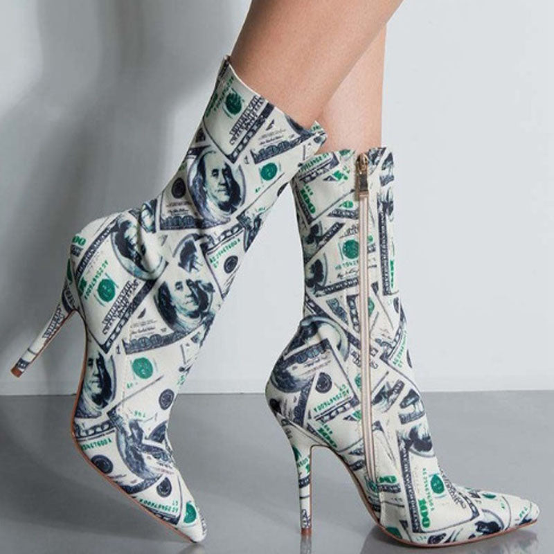 Party Dollar Print Zipper Point Toe High Heel Boots