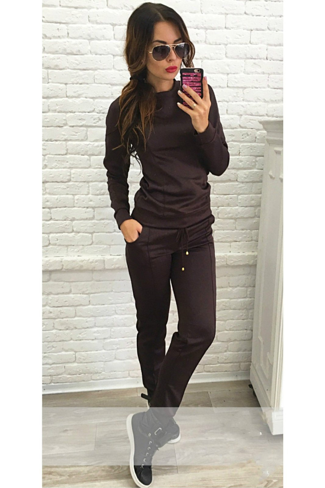 Pure Color Sweatshirt with Skinny Pants Two Pieces Set