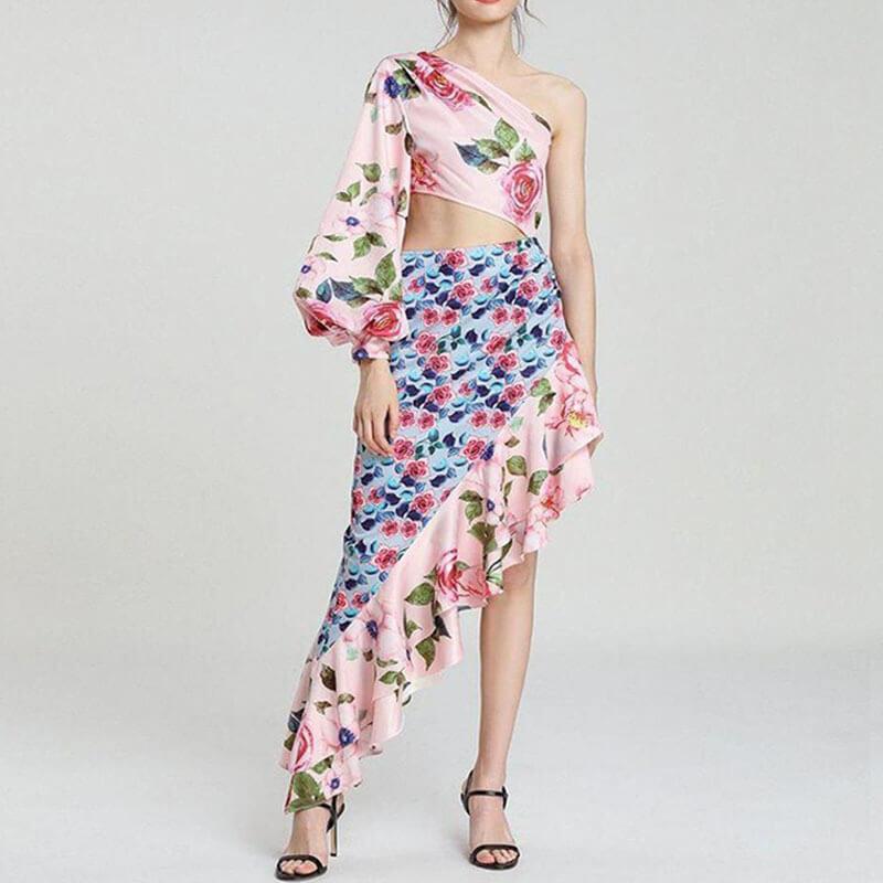 One Sleeve Floral Peplum Dress