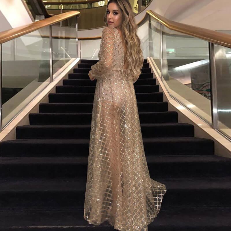 See Through Long Sleeve Sequin Maxi Dress