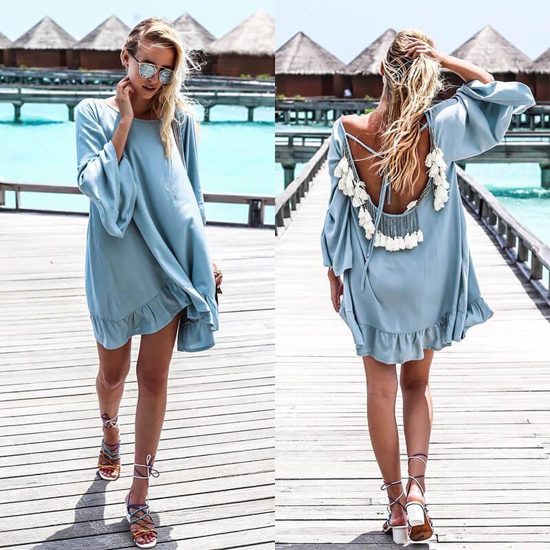 Blue Loose Backless Short Beach Dress