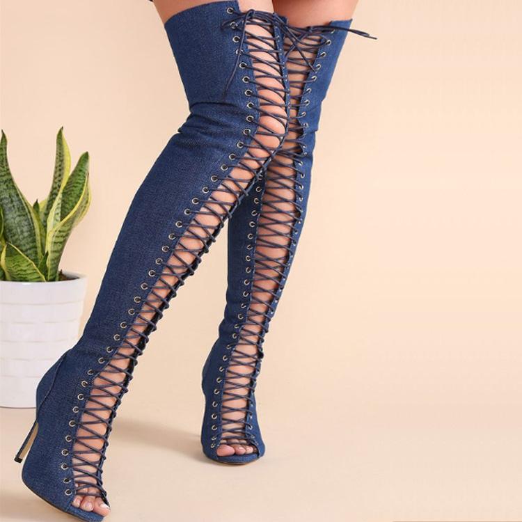 Peep Toe Cutout Lace Up Over knee Boots