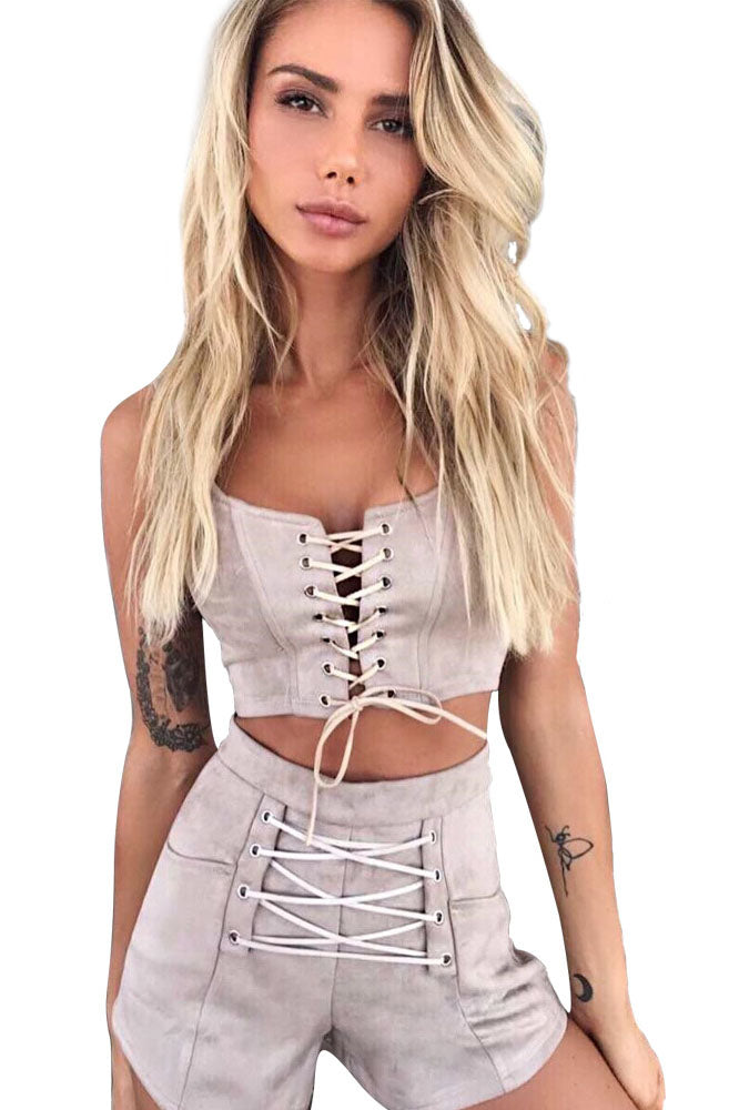 Pure Color Straps Crop Top with Shorts Two Pieces Set