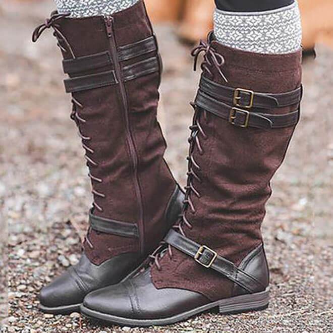 Mid Calf Lace-Up Buckled Flat Retro Boots