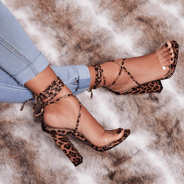 Leopard Suede Chunky High Heel Strappy Ankle Sandals