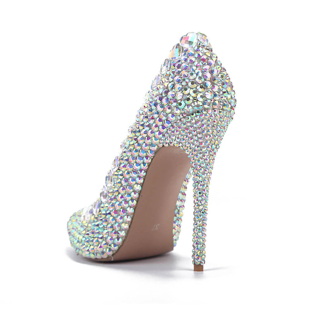 Leather Point Toe Rhinestone Stiletto Heel Pumps