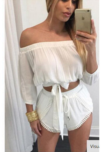 Chiffon Off Shoudler Crop Top with Shorts Two Pieces Set