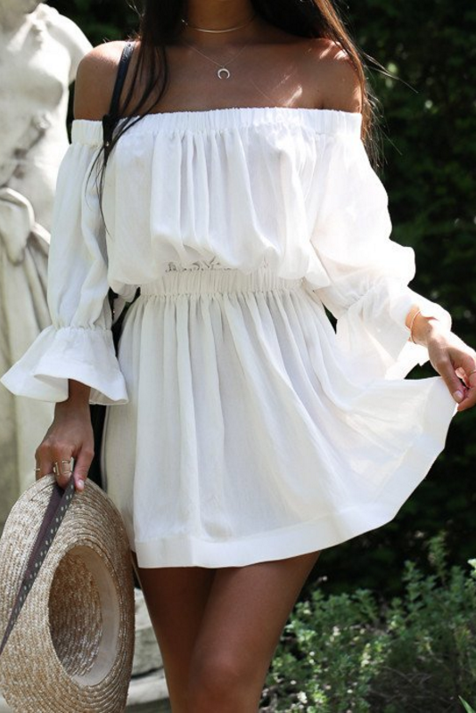 Off Shoulder Trumpet Half Sleeves Pure Color Short Dress