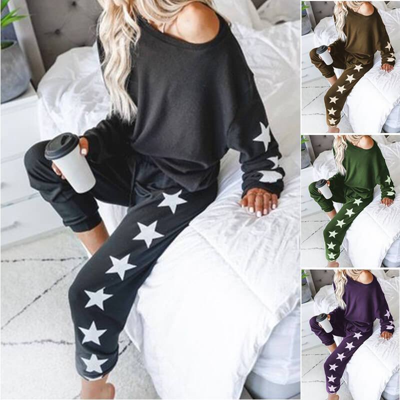 Casual Loose Long Sleeve Star Print Two Pieces Set
