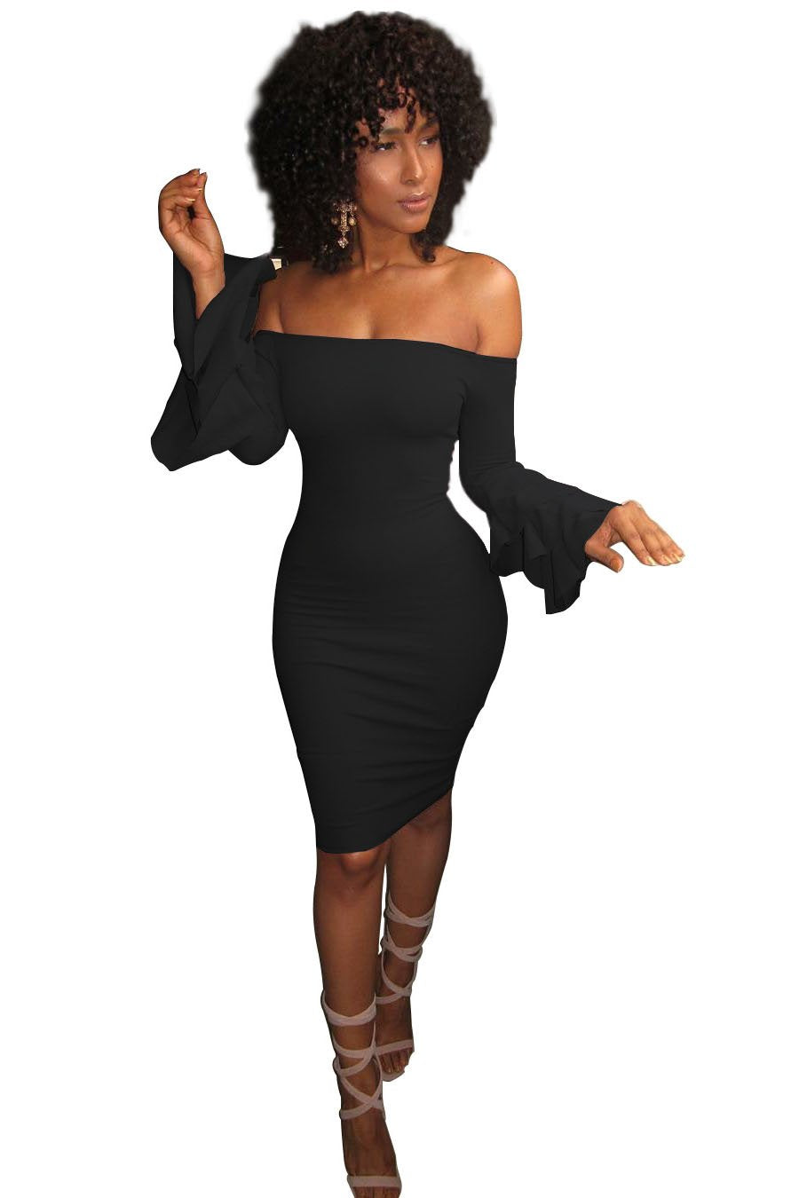 Off Shoulder Long Trumpet Sleeves Knee-length Bodycon Dress