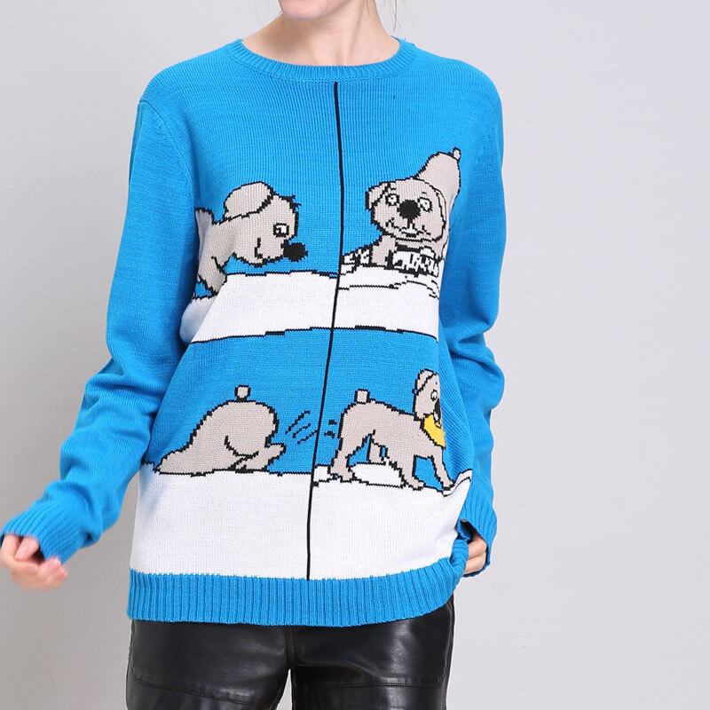 Christmas Blue Cartoon Print Sweater