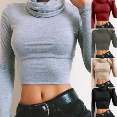 High Neck Pure Color Long Sleeves Short Crop Top