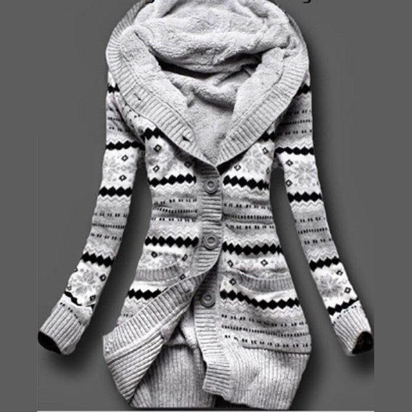 Hooded Cardigan Print Slim Long Sleeve Thick Sweater