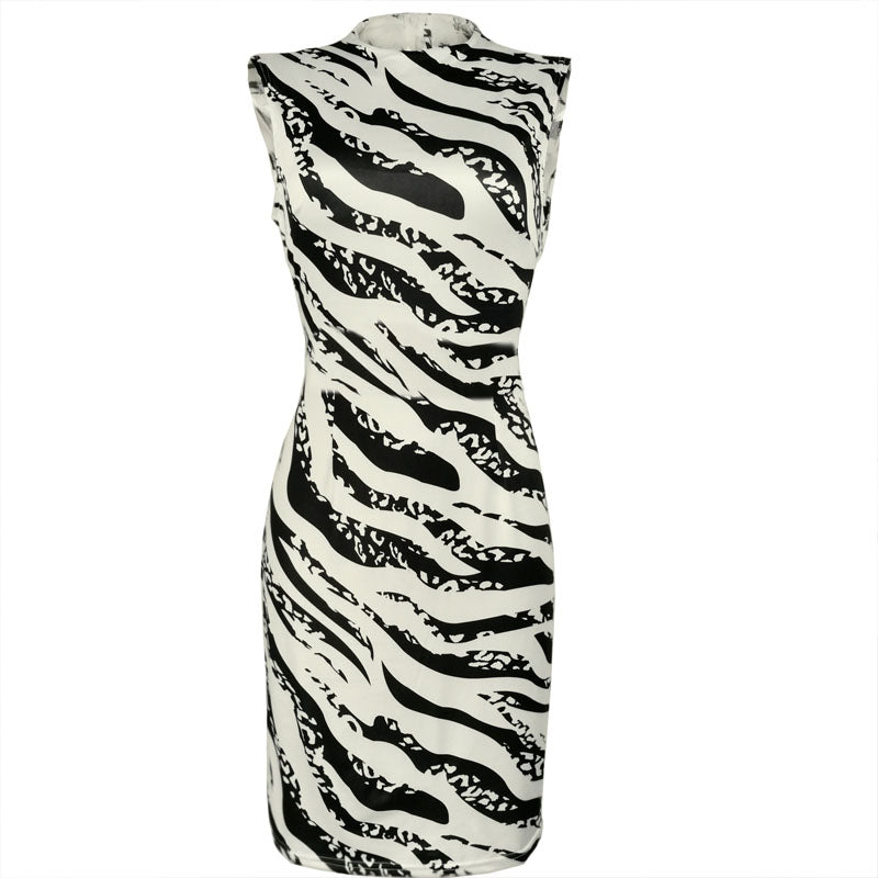 Zebra Print Turtleneck Sleeveless Short Dress