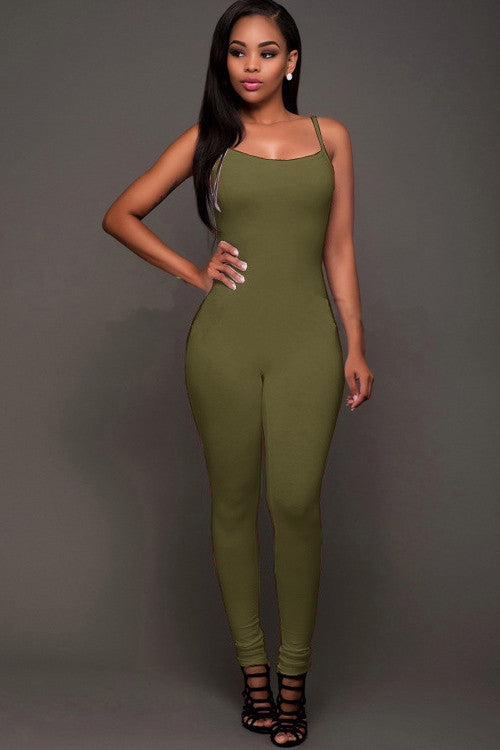 Pure Color Spaghetti Straps Long Backless Bodycon Jumpsuit