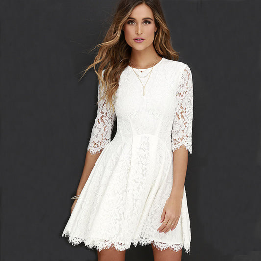 Pure-Color-Lace-Scoop-Half-Sleeves-Short-Dress