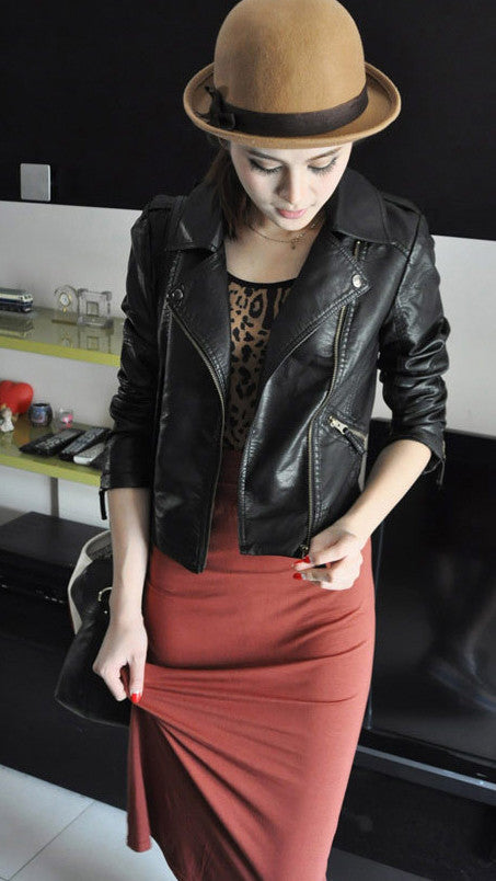 Women Black Zipper Moto Crop Slim Jacket - May Your Fashion - 2