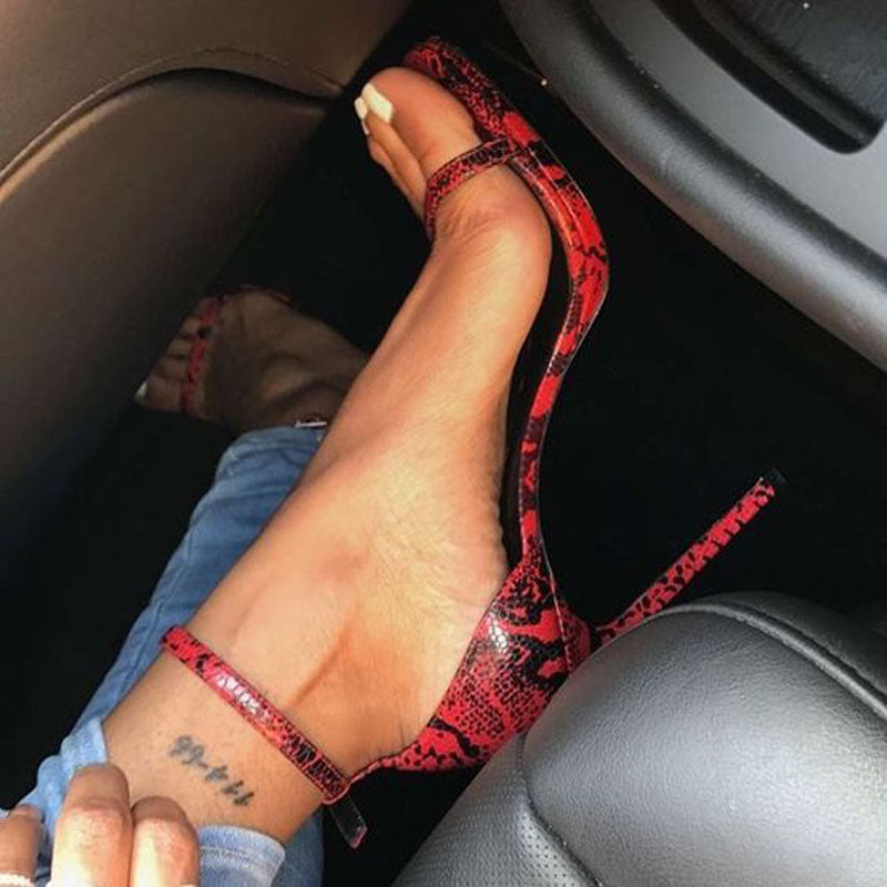 Red Leather Snakeskin Buckle High Heel Sandals