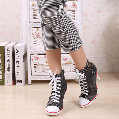 Canvas Lace Up High Heel Rivet Ankle Boots